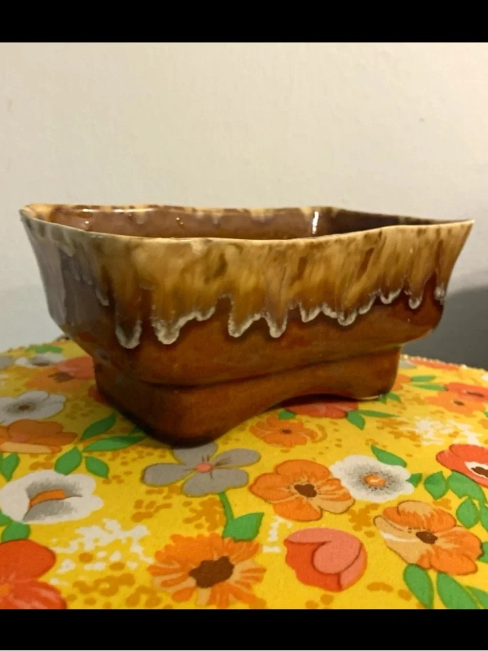 Mid-Century Drip Glaze McCoy Ceramic Rectangle Planter Brown Beige Drain